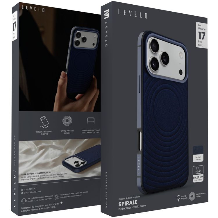 Levelo Spirale PU Leather Hybrid Case for iPhone 17 Pro Max, MagSafe Compatible & Strong Magnets, Impact-Resistant, Shock-Resistant Bumper, Aluminum Alloy Frame for Camera & Edges, Drop-Tested - Midnight Blue