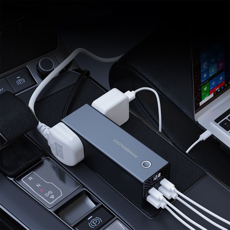 Powerology 2 AC Universal Car Power Inverter with 300W AC Output, Simultaneous Charging, Power Info Display, 36W Power Delivery, Built-in Safeguards - Black