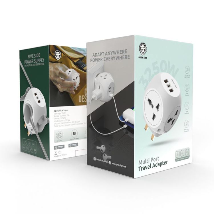 Green Lion Multi Port Travel Adapter with 4 AC Sockets, 2 USB-A Ports & USB-C Port, Short-Circuit Protection, Brass Conductor, Safety Shutters, 3250W Power - White