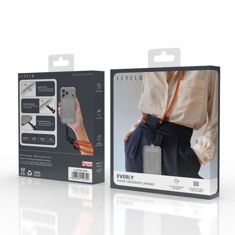 Levelo Everly Phone Crossbody Lanyard, 1.2m, Polyester Fiber, Metal Finish, Lightweight, Durable Material, Adjustable Straps, Universal Compatibility, Hypoallergenic Material - Carrot Orange