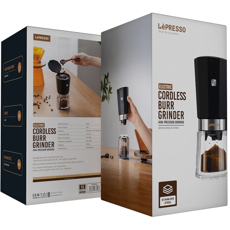 LePresso Rechargeable Coffee Grinder with 35g Capacity, 40 Cups per a Single Charge, 420ss High-Grade Steel, 800mAh Battery, 18W Rated Power - Black
