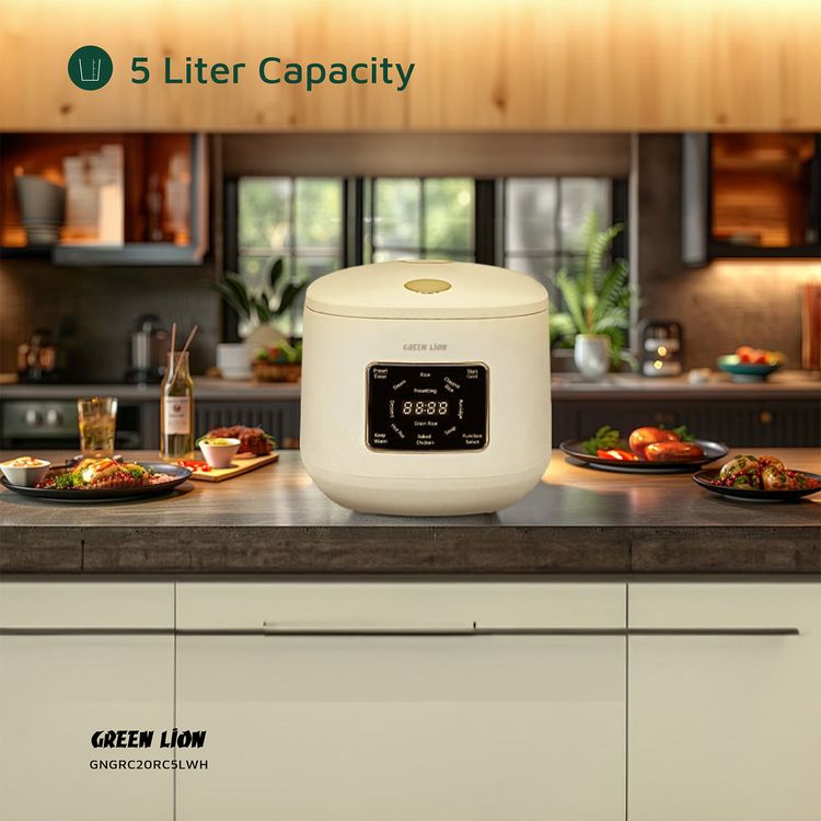 Green Lion GRC-20 Digital Rice Cooker, Keep Warm Mode, Touch Control, Easy To Clean, Exhaust Vent, Preset Timer, 8 Cooking Modes : Dessert, Grain Rice,Soup, Porridge, Baked Chicken, Claypot Rice, Hot Pot, RiceSteam - White 