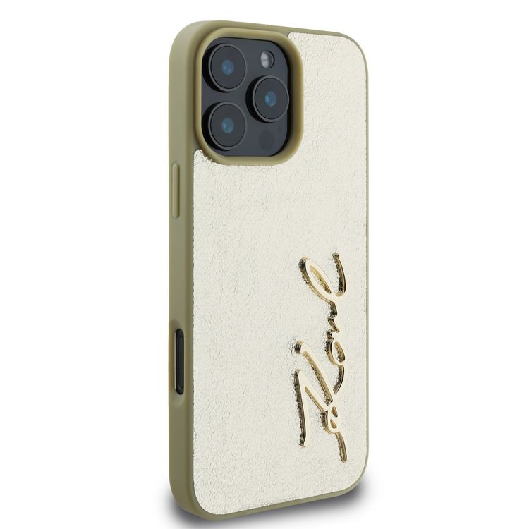 Karl Lagerfeld Wrinkled Design PU Hard Case with Metal Signature Logo for iPhone 16 Pro Max, Slim Profile, Comfortable Grip, Drop Protection, Lightweight, Sustainable Packing - Gold 