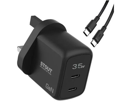 Pawa Stout Gan Travel Charger With Dual PD port, Type-C to Lightning, Type-C to C (35W,45W,65W) - Black