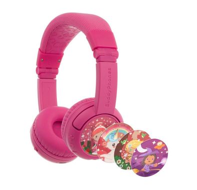 BuddyPhones Play+ Kids Headphones with Wired and Wireless Connection, Foldable Design, Adjustable Headband Size, Built-in Microphone, 20 Hours Battery Life - Rose Pink