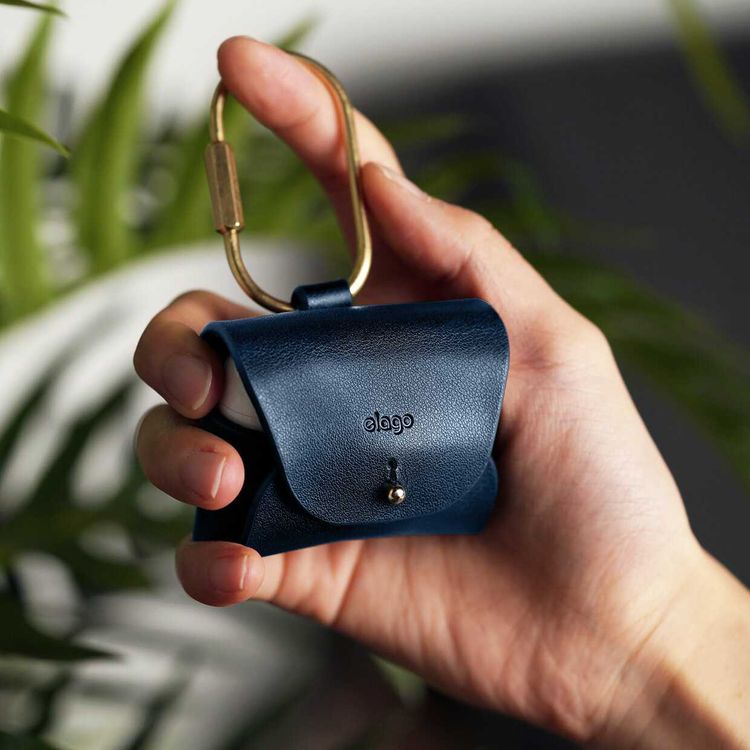 Elago Genuine Leather Case Compatible w/ Apple Airpods Pro, Vintage Design, Supports Wireless Charging, Brass Ring Holder, Anti-Slip, Shock Proof, Bring as Keychain - Jean Indigo