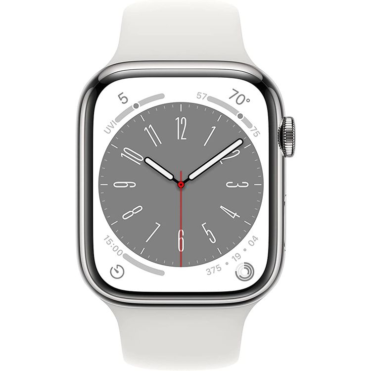 Apple watch series 8 (GPS + Cellular) - Silver Stainless Steel Case, White Sport Band - 45 MM