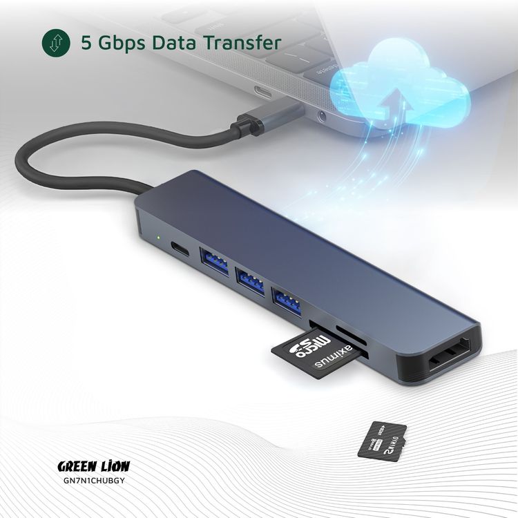 Green Lion 7-in-1 USB-C Hub with 3× USB-A, HDMI, TF/SD Card & USB-C Ports, Aluminum Alloy Material, 4K@30Hz Resolution, 5 Gbps Data Transfer, 16.7cm Cable Length - Gray