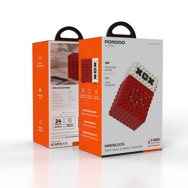 بورودو ساوندتك ميني بلوك سماعة ستيريو محمولة بتصميم بلوك ممتع، صوت محيطي 360 درجة، زمن تشغيل ممتد، صوت غامر، شحن USB-C - أسود