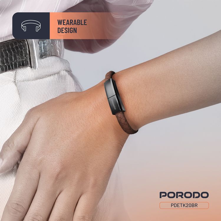 Porodo USB-C to USB-C Wristband Cable with Magnetic Steel Clasp, 60W Power Delivery, 480Mbps Data Transfer Speed, Wearable Design, 20cm Cable Length, PU Leather & Zinc Alloy Material - Brown