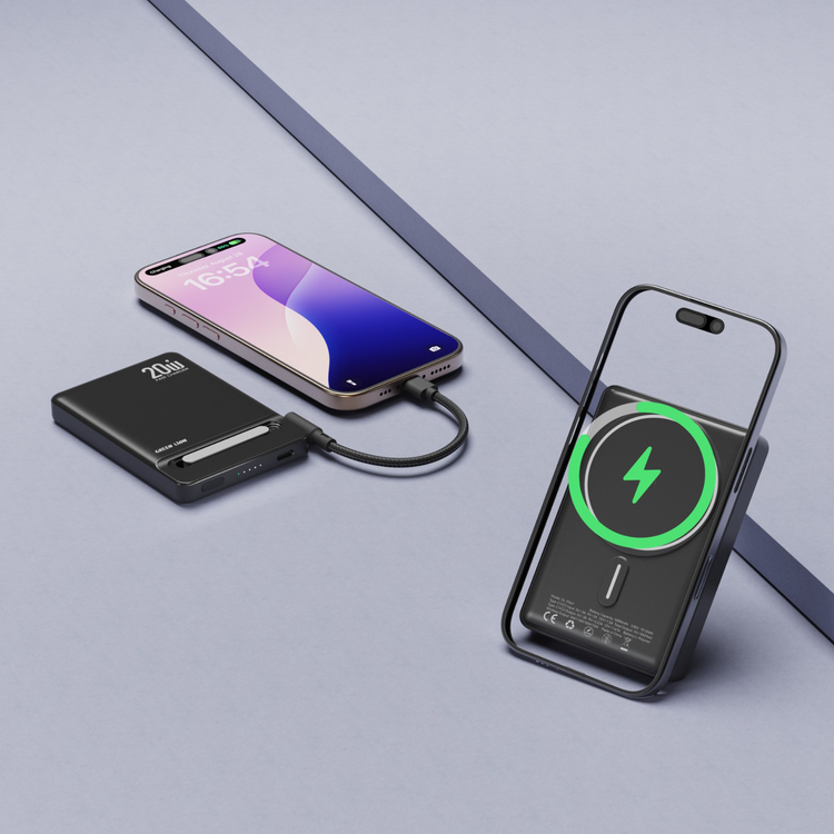 Green Lion Bond Power Bank 5000mAh with Safety Protections, Durable Braided Cable, Strong Magnets , Detachable Type-C Cable, Built In Stand, MagSafe Compatibility, Ultra-Slim Design - Black