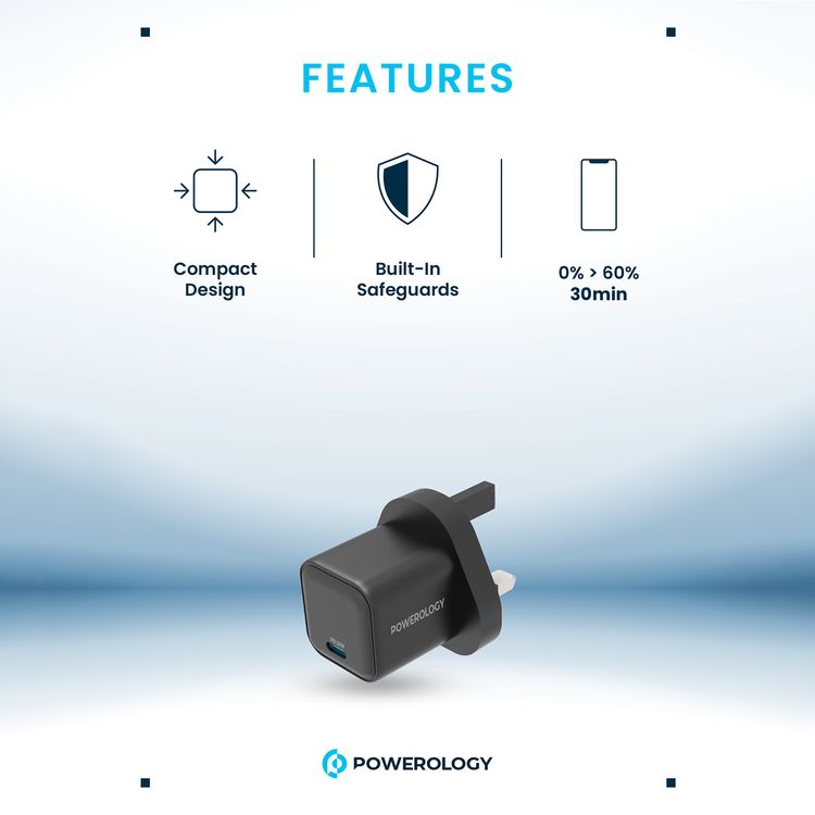 The Powerology 35W Ultra-Quick GaN Charger with UK Plug, USB-C Output Port, Fast Charge, Portable & Compact Design, Built-in Safeguards, 100-240V Input - Black