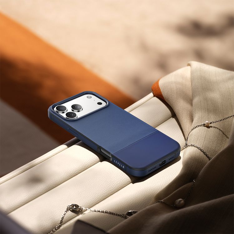 Levelo Cuir Leather Hybrid Case with Comfortable Grip for iPhone 17 Pro Max, Strong Magnets & MagSafe Compatible, Shock-Resistant Bumper, Aluminum Alloy Frame for Camera & Buttons, Drop-Tested - Midnight Blue