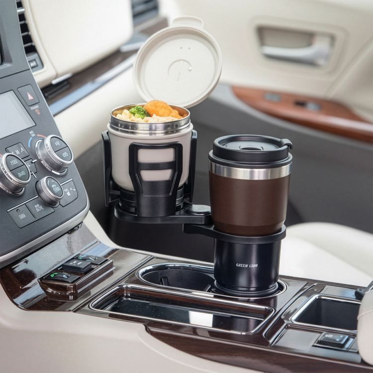 Green Lion Drive Flex 2-in-1 Cup Holder with 360° Free Rotation, Universal Car Fit, Adjustable Side Arms, Durable Construction, Easy to Clean, Expandable Food Tray, Easy Installation, 1kg Maximum Load Capacity - Black