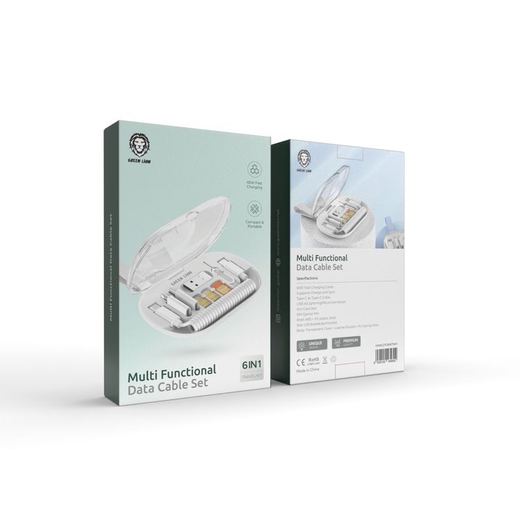 Green Lion 6-in-1 Multi-Functional Data Cable Set, Type-C to Type-C Cable, USB-A/Lightning/Micro Connectors, 65 W Fast Charging, ABS + PC Plastic Shell, Compact & Portable, Supports Charge and Sync, SIM Ejector Pin, Sim Card Slot - White