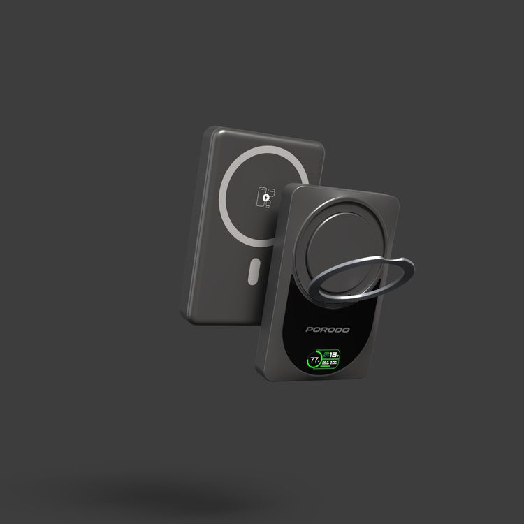بنك طاقة لاسلكي Porodo Qi2 بسعة 10000 مللي أمبير/ساعة مع شاشة TFT ذكية في الوقت الفعلي، مدخل ومخرج Type-C، شحن سريع 20 وات PD، شحن لاسلكي 15 وات، مخرج شحن ساعة ذكية بحد أقصى 2.5 وات، حامل حلقي دوار 360 درجة - رمادي غامق