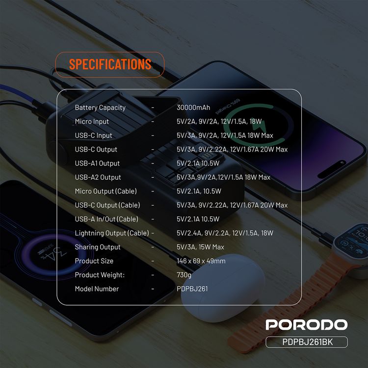 Porodo Lara 30000mAh Power Bank with Flashlight, Portable Handle, PD 20W, Fast Charging, ×2 USB-A & USB-C & Micro Ports, 4 Integrated Cables, Universal Compatibility - Black