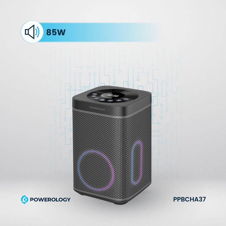 Powerology Portable Power Generator with Integrated HIFI Sound System, Dual USB-C, Dual USB-A & Dual DC Outputs, Micro SD, Microphone & AUX Inputs, 30W Power Delivery & 85W Speaker Power - Black