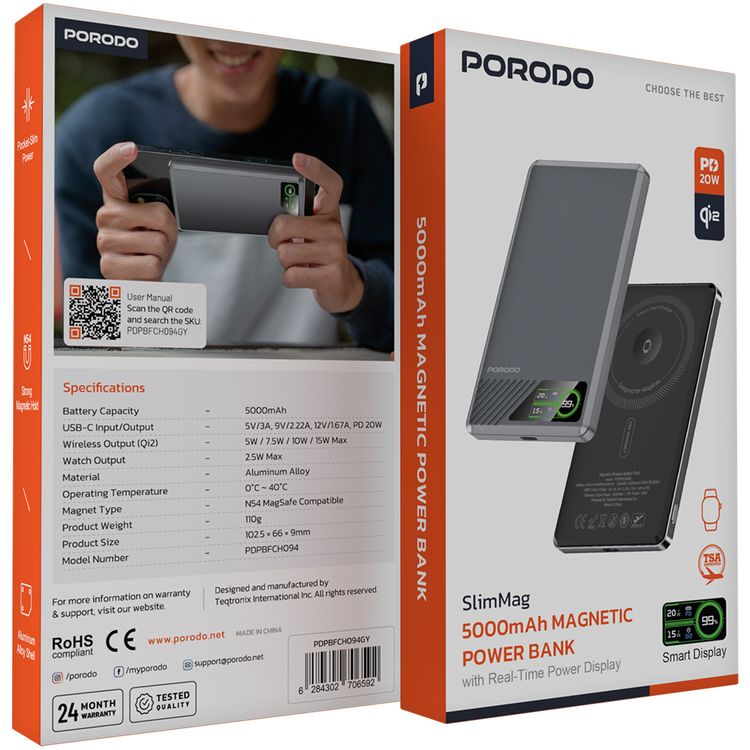 Porodo SlimMag 10000mAh Magnetic Power Bank with Real-Time Power Display, N54 Magnet Type, Aluminum Alloy Material, 2.5W Watch Output, Qi2 Wireless Charger, MagSage Compatibility - Gray