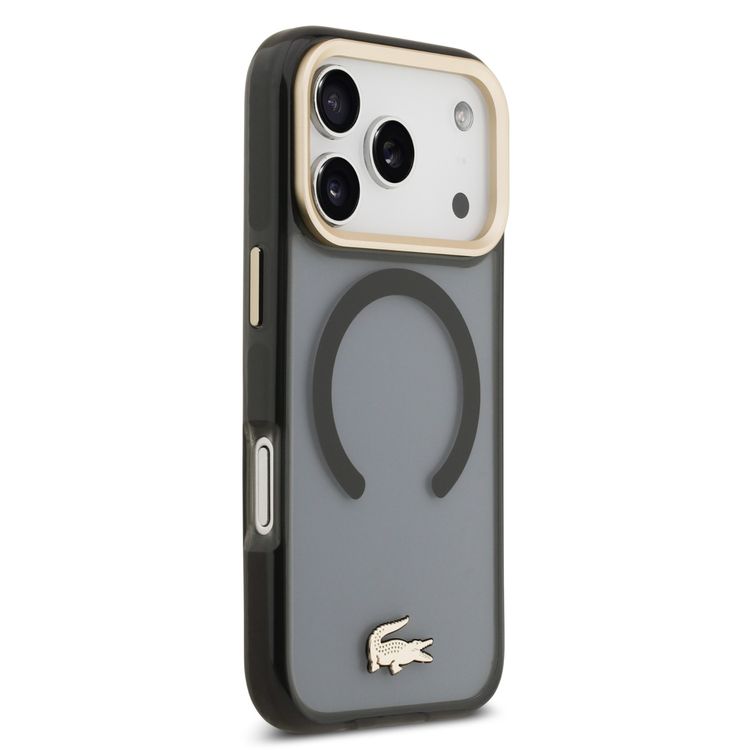 غطاء قطني شفاف من لاكوست من مادة TPU وPC مع لمسة نهائية غير لامعة لجهاز آيفون 17 برو، حماية من السقوط، تصميم نحيف، عبوة مستدامة، تصميم سهل التثبيت - أسود ضبابي / ذهبي