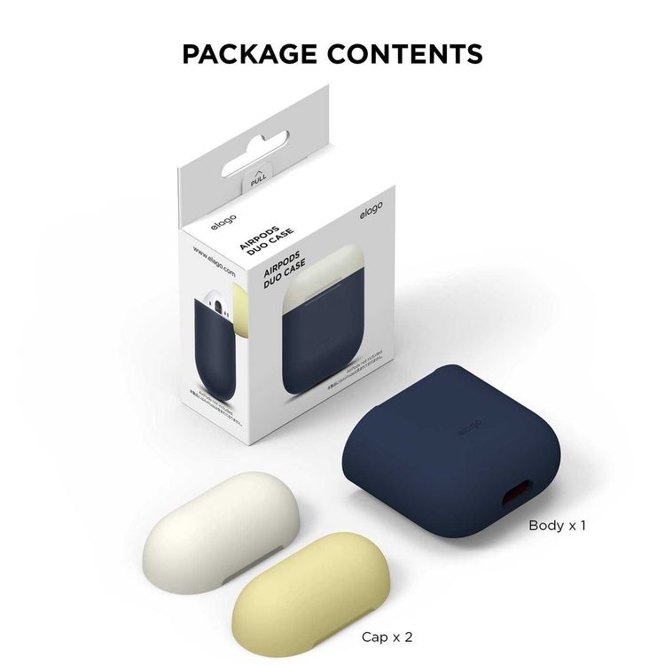 Elago Duo Silicone Case with Apple AirPods Case 1 & 2, Supports Wireless Chargers, Drop Resistant, Dustproof and Absorbing Protective Cover Body Jean Indigo / Top-Classic White, Yellow