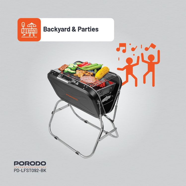 Porodo Lifestyle Portable Folding BBQ Grill with Steel Cooking Mesh, 17-inch Grilling Area, Camping Trip, Backyard Parties & Beach Outings, Easy to Clean, Quick Setup - Black