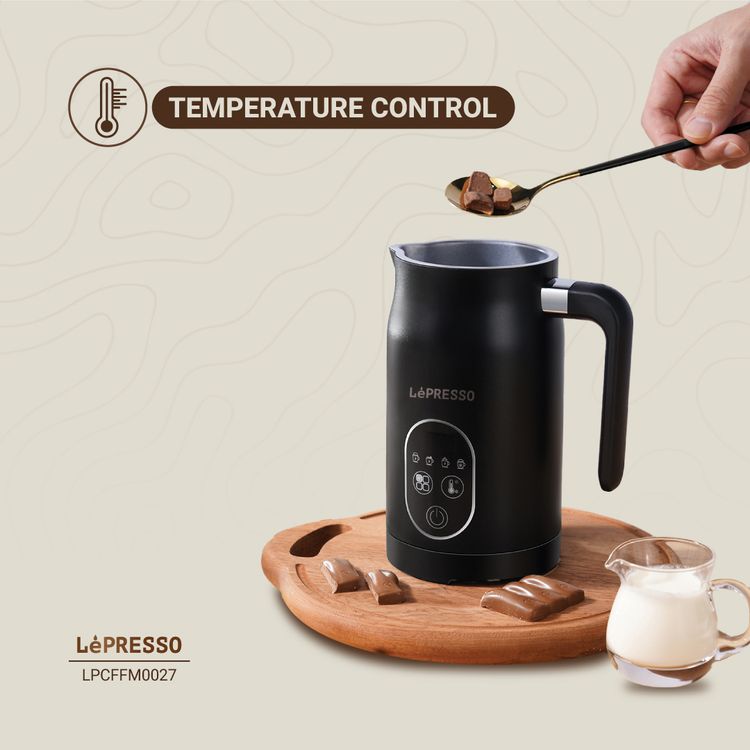 LePresso Four Froth Milk Frother, 270mL Heating Capacity, 140mL Frothing Capacity, 3-Pin UK Plug, Temperature Control - Black
