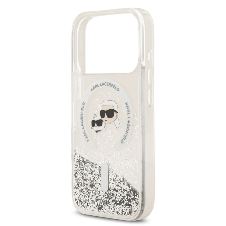 Karl Lagerfeld MagSafe Liquid Glitter Case with Karl & Choupette Heads for iPhone 17 Pro, Drop Protection, Comfortable Grip, Slim Profile & Lightweight Design, Sustainable Packaging, Easy Snap-On - Transparent