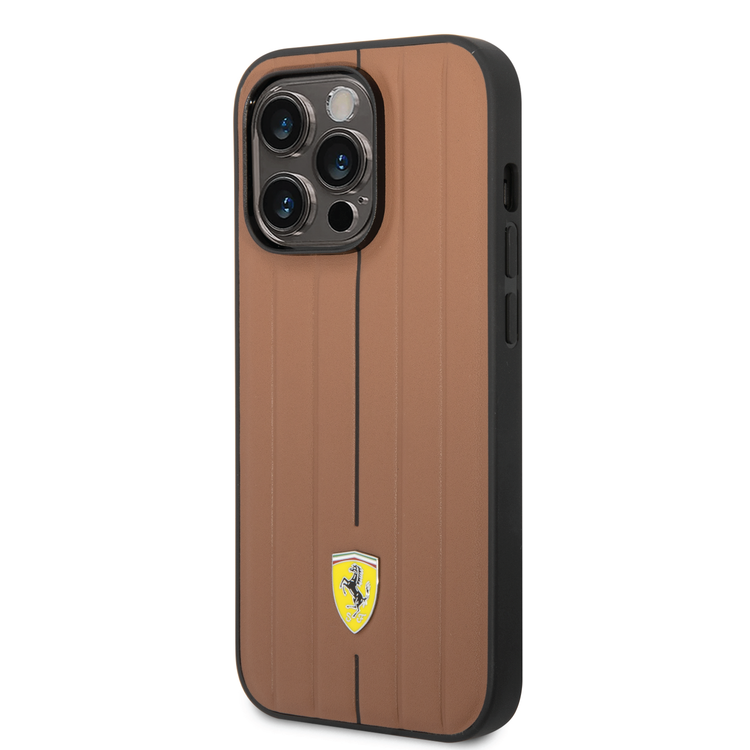 Ferrari Leather Case With Embossed Stripes & Yellow Shield Logo - iPhone 14 Pro - Camel