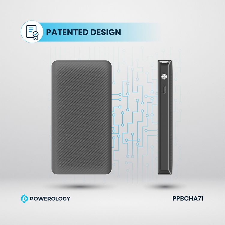 Powerology 10000mAh Retractable Cable Power Bank with LED Display, Lightweight & Portable Design, Fast-Charging, USB-C Input & Output, 2-Device Charging, Patented Design, 22W Power Delivery - Black