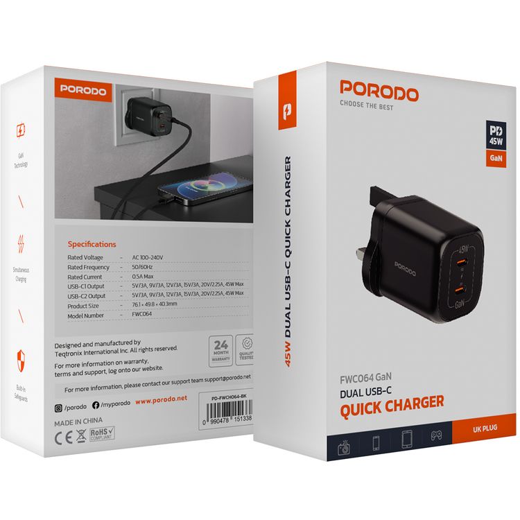 Porodo شاحن حائط سريع بمنافذ USB-C مزدوجة بقدرة 45 واط وتوصيل الطاقة، بتيار أقصى 0.5 أمبير، مزود بحمايات مدمجة، قابس بثلاثة دبابيس للمملكة المتحدة، شحن متزامن، بتقنية GaN - أسود