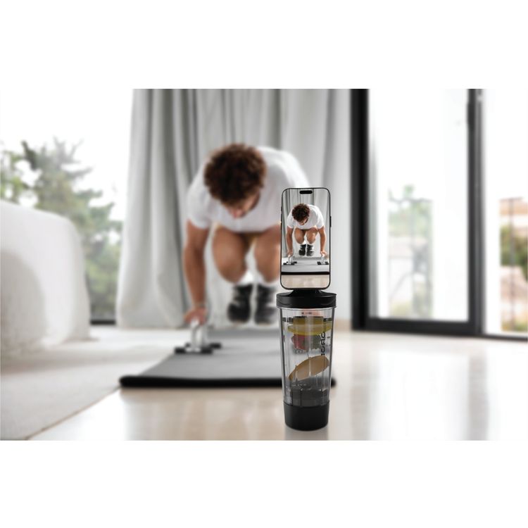 Porodo Lifestyle Grip & Mix Protein Shaker Bottle with Magnetic Phone Holder, 700mL Capacity, Powerful Shaking Function, Long Battery Life, BPA-Free, 7500 RPM Motor Speed, 600mAh Battery Capacity - Black