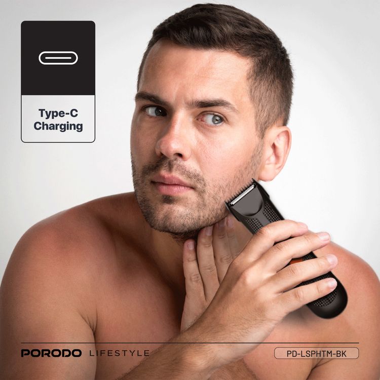 Porodo Lifestyle Sensitive Parts Hair Trimmer, 3.7V 600mAh Battery Capacity, 80 Minutes Working Time, 90 Minutes Charging Time, Ergonomic no-Slip Handle, IPX5 Water-Resistant - Black