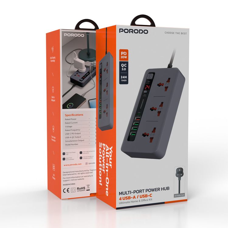 Porodo Multi-Port Power HUB Ultimate Home & Office Kit with 4 USB-A & 1 USB-C, 2m Cable Length, Built-in Safeguard, Over-Heat Protection, LED Display - Gray