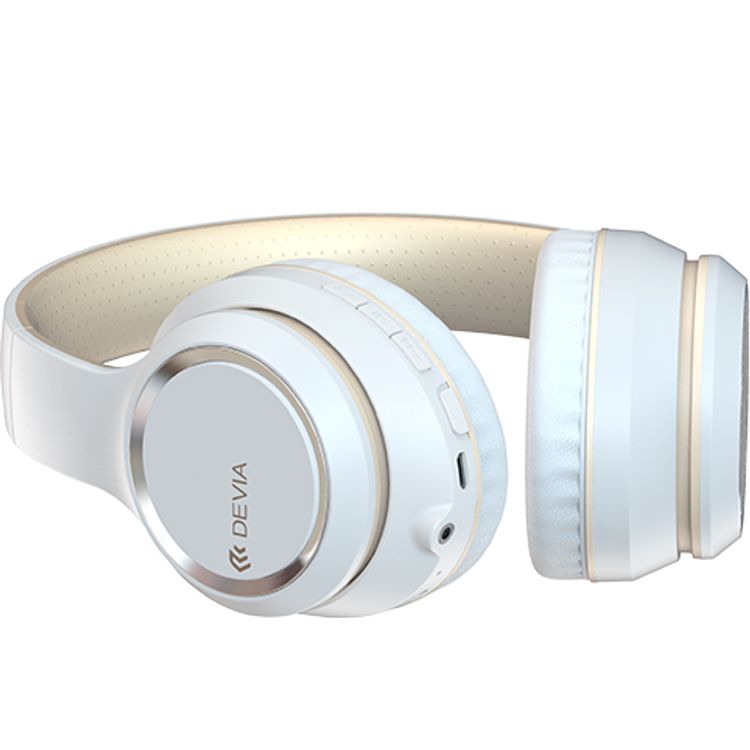Devia Kintone Series Wireless Headset with HIFI Sound Quality, Hands-free Calling, Subwoofer Switch Button, 24 Hours Playtime, Foldable Design, Lightweight - White