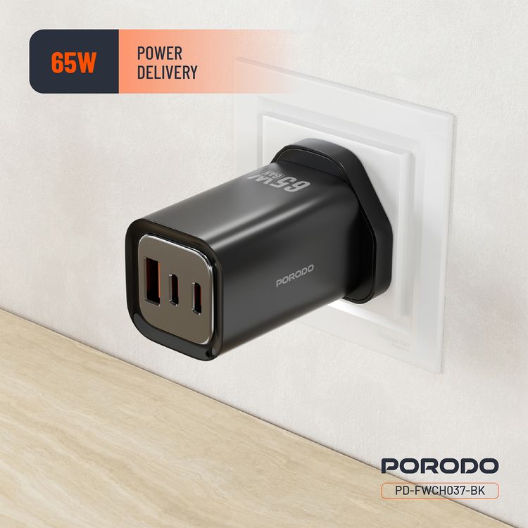 Porodo Triple Output Quick Wall Charger with 65W Power Delivery, Built-in Safeguards, Simultaneous Charging, 22.5W USB-A Output, Laptop Charging Compatibility - Black