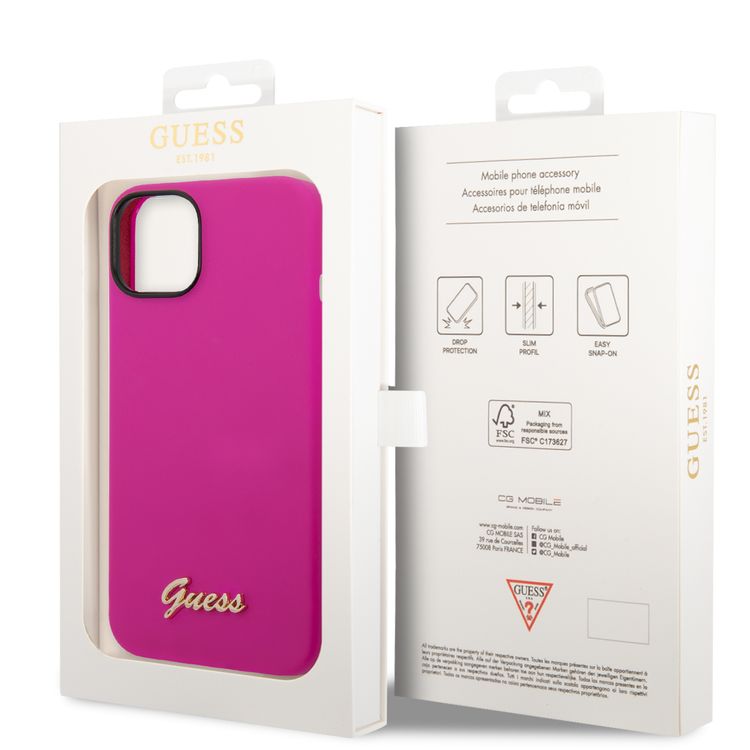 Guess Liquid Silicone Case With PC Camera Outline & Script Metal Logo - iPhone 14 Plus - Fuchsia