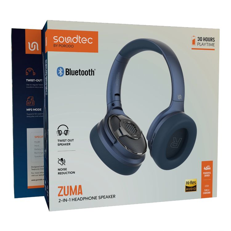 Porodo Zuma 2-in-1 Headphones Speaker, Up to 5 Hours Speaker Play Time, 1200mAh Battey, Built-in FM Radio, Noise Reduction, Up to 30 Hours Headphones Play Time, Bluetooth Version 5.4, 40mm Speaker Diameter - Blue