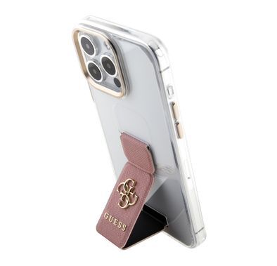 Guess Grip stand Clear Case with Saffiano Grip Leather and 4G Logo for iPhone 15 Series - Pink - iPhone 15 Pro