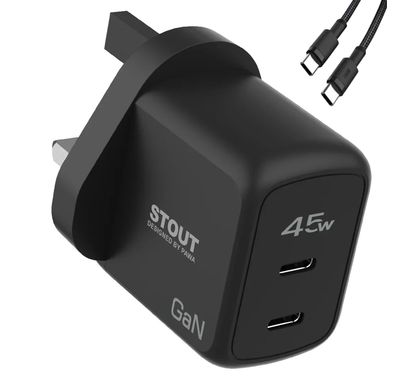 Pawa Stout Gan Travel Charger With Dual PD port, Type-C to Lightning, Type-C to C (35W,45W,65W) - Black