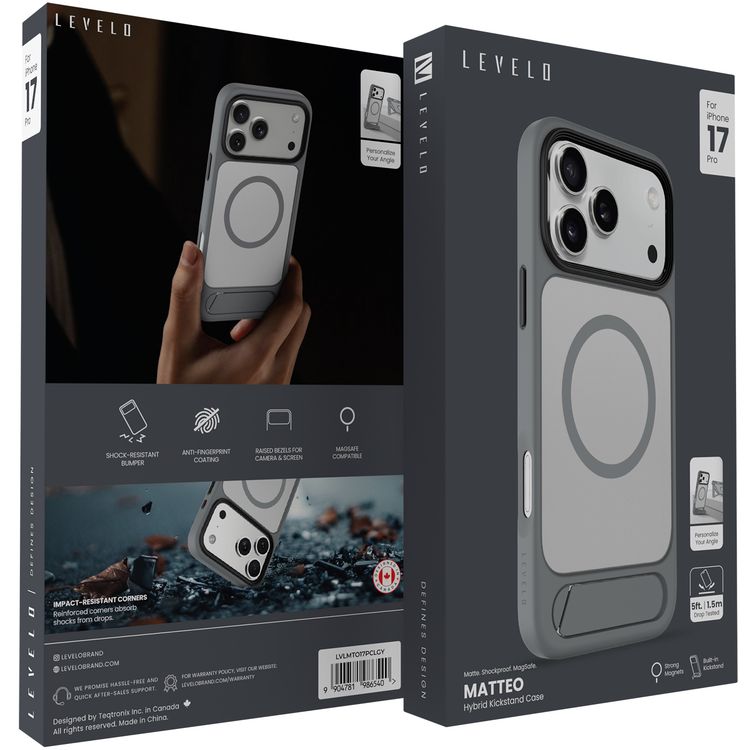 Levelo Matteo Hybrid Kickstand Case with Matte Design for iPhone 17 Pro, Anti-Fingerprint Coating, Impact-Resistant Corners, Raised Bezels for Camera & Screen, MagSafe Compatible, Shock-Resistant Bumper, Drop-Tested - Cloud Gray