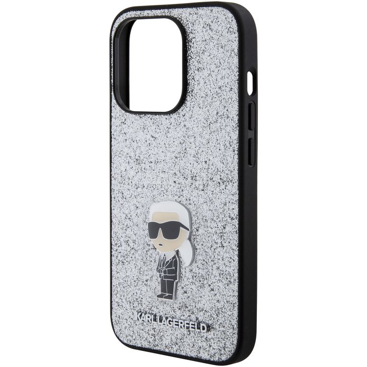 Karl Lagerfeld Fixed Glitter Case with Ikonik Logo Metal Pin - Silver - iPhone 15 Pro Max