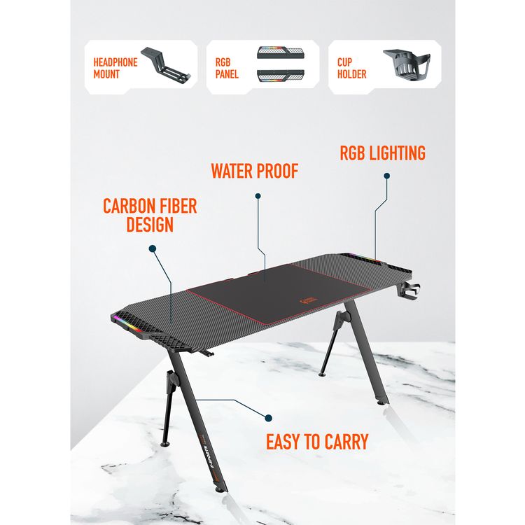 Porodo Gaming E-Sports Gaming Desk with Rubber Mousepad, Built-in Headphone Mount, Cup Holder & Cable Management Box, RGB Lighting Panel, Large Surface - Black
