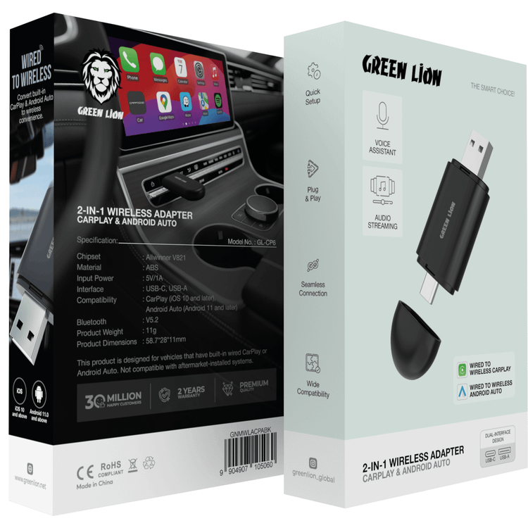 Green Lion 2-in-1 Wireless Adapter CarPlay & Android Auto, iOS & Android Compatible, Bluetooth V5.2, USB-C & USB-A Interface, ABS Material, Seamless Connection, Wired to Wireless Function - Black