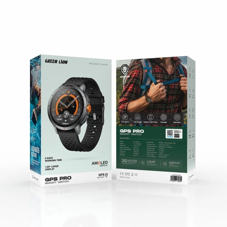 Green Lion GPS Pro Smart Watch with 1.6 Inches Large Display, Barometer & Compass, Sleep Monitoring, Voice Recording, Real 60Hz FPS, TWS Function, Local Music & Phone Album, Heart Rate Monitoring, Bluetooth Call, Geomagnetic & Altitude, 450mAh Battery, 6 Days Working Time - Black