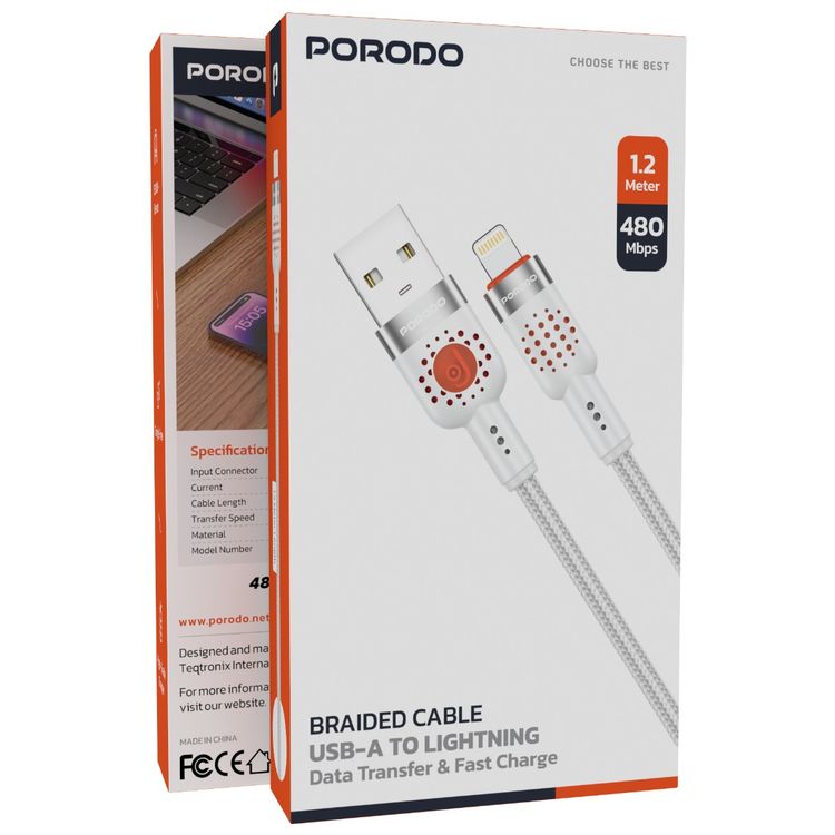 كابل مضفر من سبائك الألومنيوم من بورودو USB-A إلى Lightning 1.2، سرعة نقل 480 ميجابت في الثانية، 2.4 أمبير، عمر افتراضي يزيد عن 15000 ثنية، خالٍ من التشابك - أبيض