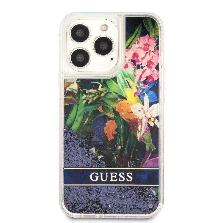 Guess GUHCP13XLFLSB Liquid Glitter Hard Case, Charms Hard Phone Case, Compatible for iPhone 13 Pro Max, Shock-Absorption Mobile Case Officially Licensed - Flower Blue