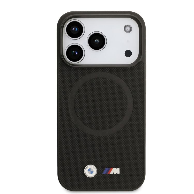 جراب جلد كامل ملفوف من BMW بتقنية MagSafe مع شعارات معدنية لهاتف iPhone 17 Pro Max، تغليف مستدام، تصميم سهل التركيب، نحيف، حماية من السقوط - أسود