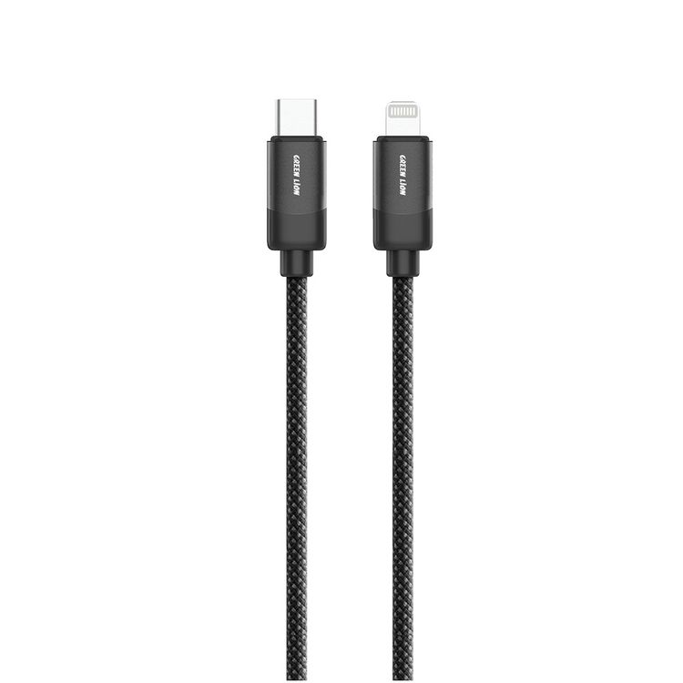 Green Lion USB-C to Lightning Braided Cable with 10000 Bends Lifespan, 1m Length, 27W Current Power, Charge & Sync, Secure & Safe, 480Mbps Transfer Speed - Black