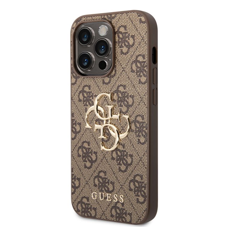 Guess PU Leather 4G Classic and Stylish Case with Big Metal Logo iPhone 14 Pro Max Compatibility - Brown